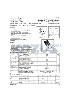 IRG4PC30FDPBF datasheet - INSULATED GATE BIPOLAR TRANSISTOR WITH ULTRAFAST SOFT RECOVERY DIODE Fast CoPack 1GBT