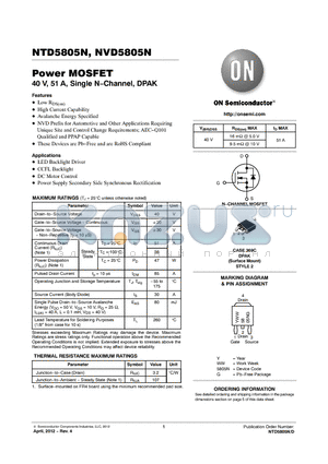 NVD5805NT4G datasheet - Power MOSFET 40 V, 51 A, Single N.Channel, DPAK