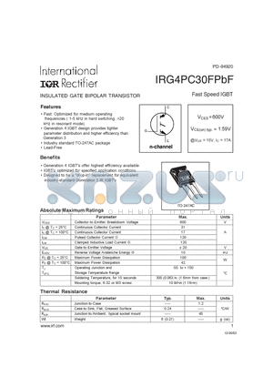 IRG4PC30FPBF datasheet - INSULATED GATE BIPOLAR TRANSISTOR Fast Speed IGBT