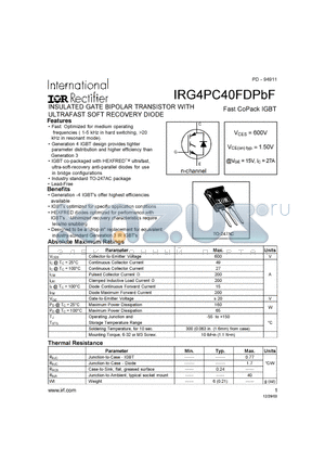 IRG4PC40FDPBF datasheet - INSULATED GATE BIPOLAR TRANSISTOR WITH ULTRAFAST SOFT RECOVERY DIODE