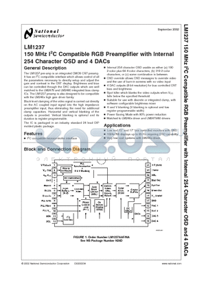 LM1237 datasheet - 150 MHz I2C Compatible RGB Preamplifier with Internal 254 Character OSD and 4 DACs