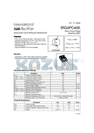 IRG4PC40K datasheet - INSULATED GATE BIPOLAR TRANSISTOR(Vces=600V, Vce(on)typ.=2.1V, @Vge=15V, Ic=25A)