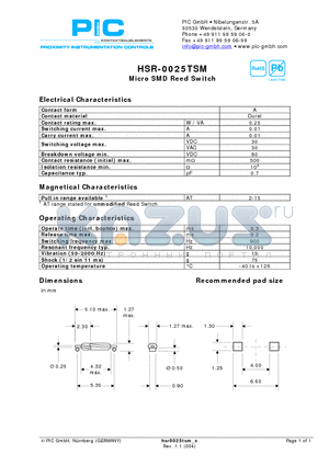 HSR-0025TSM datasheet - Micro SMD Reed Switch