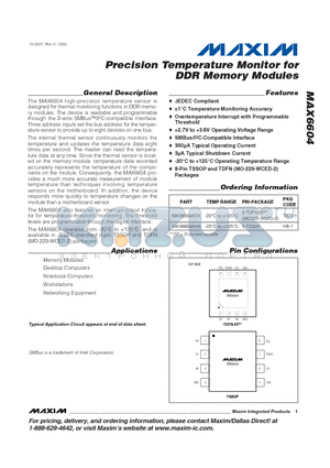 MAX6604ATA datasheet - Precision Temperature Monitor for DDR Memory Modules