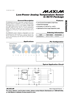 MAX6605 datasheet - Low-Power Analog Temperature Sensor in SC70 Package