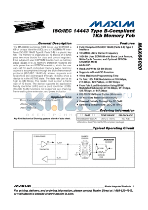 MAX66020K datasheet - ISO/IEC 14443 Type B-Compliant 1Kb Memory Fob Read and Write (64-Bit Block)