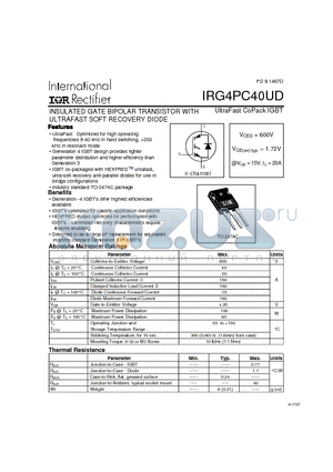 IRG4PC40UD datasheet - INSULATED GATE BIPOLAR TRANSISTOR WITH ULTRAFAST SOFT RECOVERY DIODE( Vces=600V, Vce(on)typ.=1.72V, @Vge=15V, Ic=20A)