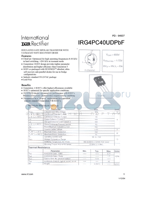 IRG4PC40UDPBF datasheet - INSULATED GATE BIPOLAR TRANSISTOR WITH ULTRAFAST SOFT RECOVERY DIODE