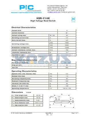 HSR-V10K datasheet - High Voltage Reed Switch