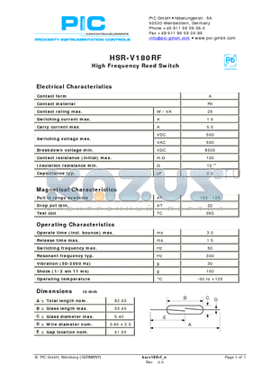 HSR-V180RF datasheet - High Frequency Reed Switch