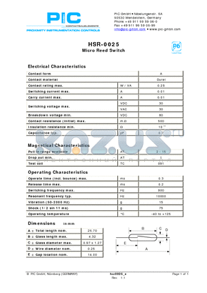 HSR-0025 datasheet - Micro Reed Switch