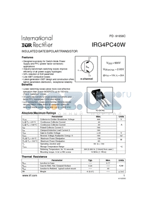 IRG4PC40W datasheet - INSULATED GATE BIPOLAR TRANSISTOR(Vces=600V, Vce(on)typ.=2.05V, @Vge=15V, Ic=20A)