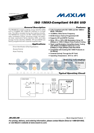 MAX66100 datasheet - ISO 15693-Compliant 64-Bit UID Powered Entirely Through the RF Field