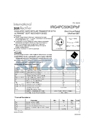 IRG4PC50KDPBF datasheet - INSULATED GATE BIPOLAR TRANSISTOR WITH ULTRAFAST SOFT RECOVERY DIODE