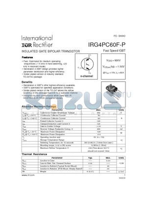 IRG4PC60F-P datasheet - INSULATED GATE BIPOLAR TRANSISTOR Fast Speed IGBT