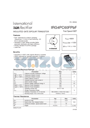 IRG4PC60FPBF datasheet - INSULATED GATE BIPOLAR TRANSISTOR Fast Speed IGBT