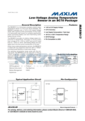 MAX6613_10 datasheet - Low-Voltage Analog Temperature Sensor in an SC70 Package