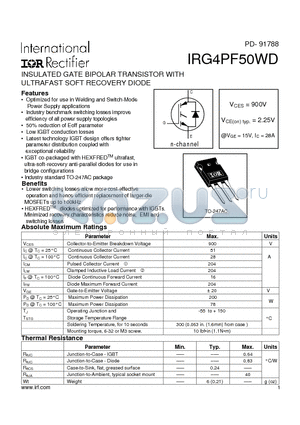 IRG4PF50WD datasheet - INSULATED GATE BIPOLAR TRANSISTOR WITH ULTRAFAST SOFT RECOVERY DIODE