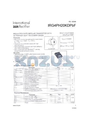 IRG4PH20KDPBF datasheet - INSULATED GATE BIPOLAR TRANSISTOR WITH ULTRAFAST SOFT RECOVERY DIODE
