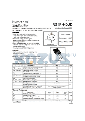 IRG4PH40UD datasheet - INSULATED GATE BIPOLAR TRANSISTOR WITH ULTRAFAST SOFT RECOVERY DIODE(Vces=1200V, Vce(on)typ.=2.43V, @Vge=15V, Ic=21A)