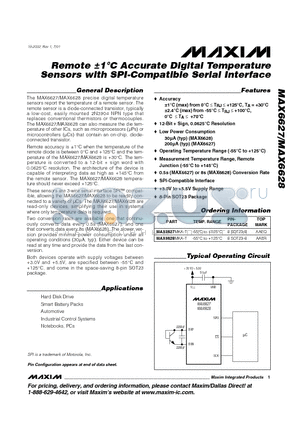 MAX6627MKA-T datasheet - Remote a1`C Accurate Digital Temperature Sensors with SPI-Compatible Serial Interface