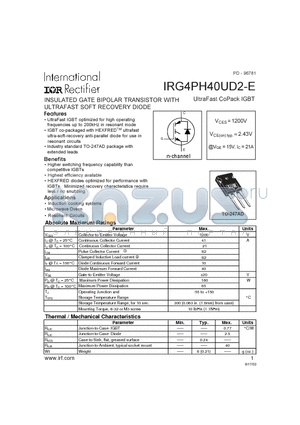 IRG4PH40UD2-E datasheet - INSULATED GATE BIPOLAR TRANSISTOR WITH ULTRAFAST SOFT RECOVERY DIODE