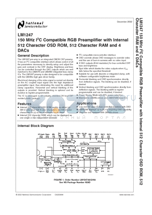 LM1247 datasheet - 150 MHz I2C Compatible RGB Preamplifier with Internal 512 Character OSD ROM, 512 Character RAM and 4 DACs