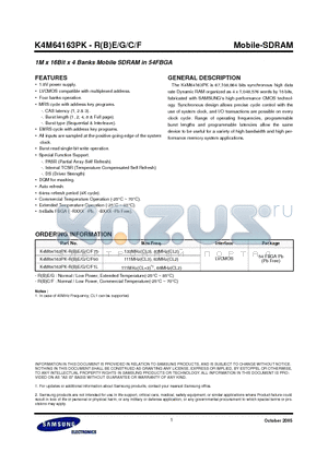 K4M64163PK-BC75 datasheet - 1M x 16Bit x 4 Banks Mobile SDRAM in 54FBGA