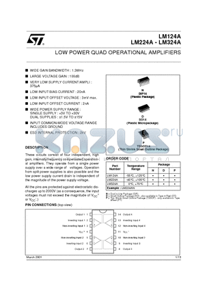 LM124AP datasheet - LOW POWER QUAD OPERATIONAL AMPLIFIERS