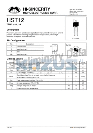 HST12 datasheet - TRIAC 600V,12A