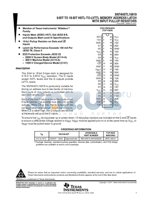 HSTL16919 datasheet - 9-BIT TO 18-BIT HSTL-TO-LVTTL MEMORY ADDRESS LATCH WITH INPUT PULLUP RESISTORS