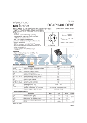 IRG4PH40UDPBF datasheet - INSULATED GATE BIPOLAR TRANSISTOR WITH ULTRAFAST SOFT RECOVERY DIDDE