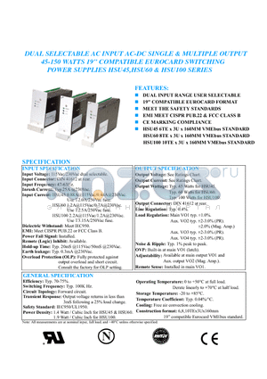 HSU100-10 datasheet - DUAL SELECTABLE AC INPUT AC-DC SINGLE & MULTIPLE OUTPUT 45-150 WATTS 19 COMPATIBLE EUROCARD SWITCHING POWER SUPPLIES HSU45,HSU60 AND HSU100 SERIES