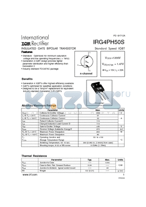 IRG4PH50S datasheet - INSULATED GATE BIPOLAR TRANSISTOR(Vces=1200V, Vce(on)typ.=1.47V, @Vge=15V, Ic=33A)