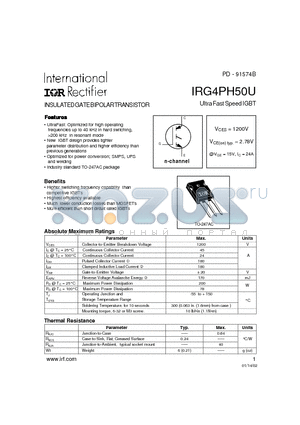 IRG4PH50U datasheet - INSULATED GATE BIPOLAR TRANSISTOR(Vces=1200V, Vce(on)typ.=2.78V, @Vge=15V, Ic=24A)