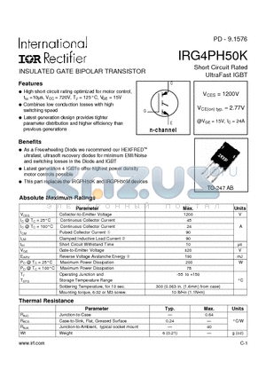 IRG4PH50K datasheet - INSULATED GATE BIPOLAR TRANSISTOR(Vces=1200V, Vce(on)typ.=2.77V, @Vge=15V, Ic=24A)