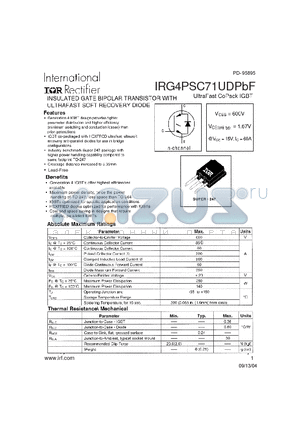 IRG4PSC71UDPBF datasheet - INSULATED GATE BIPOLAR TRANSISTOR WITH ULTRAFAST SOFT RECOVERY DIODE