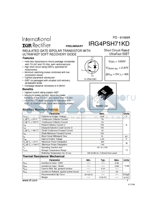 IRG4PSH71 datasheet - INSULATED GATE BIPOLAR TRANSISTOR WITH ULTRAFAST SOFT RECOVERY DIODE(Vces=1200V, Vce(on)typ.=2.97V, @Vge=15V, Ic=42A)