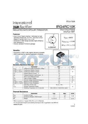 IRG4RC10K datasheet - INSULATED GATE BIPOLAR TRANSISTOR(Vces=600V, Vce(on)typ.=2.39V, @Vge=15V, Ic=5.0A)