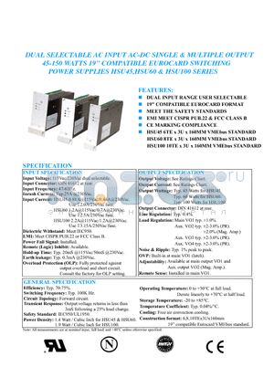HSU100-24 datasheet - DUAL SELECTABLE AC INPUT AC-DC SINGLE & MULTIPLE OUTPUT 45-150 WATTS 19 COMPATIBLE EUROCARD SWITCHING POWER SUPPLIES HSU45,HSU60 AND HSU100 SERIES
