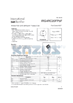 IRG4RC20FPBF datasheet - INSULATED GATE BIPOLAR TRANSISTOR