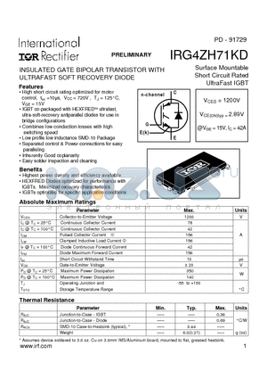 IRG4ZH71KD datasheet - Surface Mountable Short Circuit Rated UltraFast IGBT (INSULATED GATE BIPOLAR TRANSISTOR WITH ULTRAFAST SOFT RECOVERY DIODE)