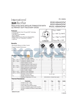 IRGB10B60KDPBF datasheet - INSULATED GATE BIPOLAR TRANSISTOR WITH ULTRAFAST SOFT RECOVERY DIODE