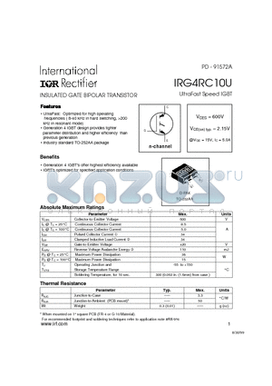 IRG4RC10U datasheet - INSULATED GATE BIPOLAR TRANSISTOR(Vces=600V, Vce(on)typ.=2.15V, @Vge=15V, Ic=5.0A)