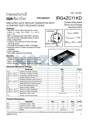 IRG4ZC71KD datasheet - INSULATED GATE BIPOLAR TRANSISTOR WITH ULTRAFAST SOFT RECOVERY DIODE