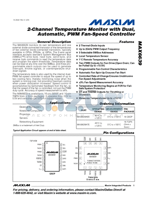 MAX6639AEE datasheet - 2-Channel Temperature Monitor with Dual, Automatic, PWM Fan-Speed Controller