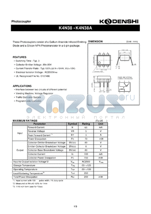 K4N38 datasheet - Photocoupler(These Photocouplers consist of a Gallium Arsenide Infrared Emitting)