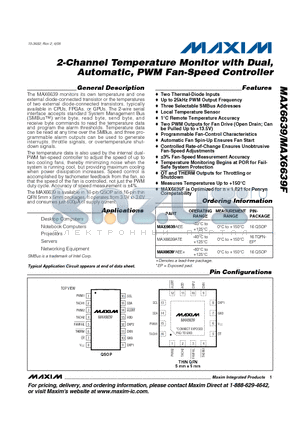 MAX6639AEE datasheet - 2-Channel Temperature Monitor with Dual, Automatic, PWM Fan-Speed Controller