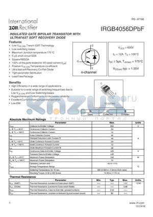 IRGB4056DPBF datasheet - INSULATED GATE BIPOLAR TRANSISTOR WITH ULTRAFAST SOFT RECOVERY DIODE