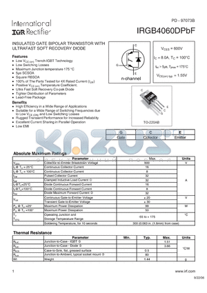 IRGB4060DPBF datasheet - INSULATED GATE BIPOLAR TRANSISTOR WITH ULTRAFAST SOFT RECOVERY DIODE